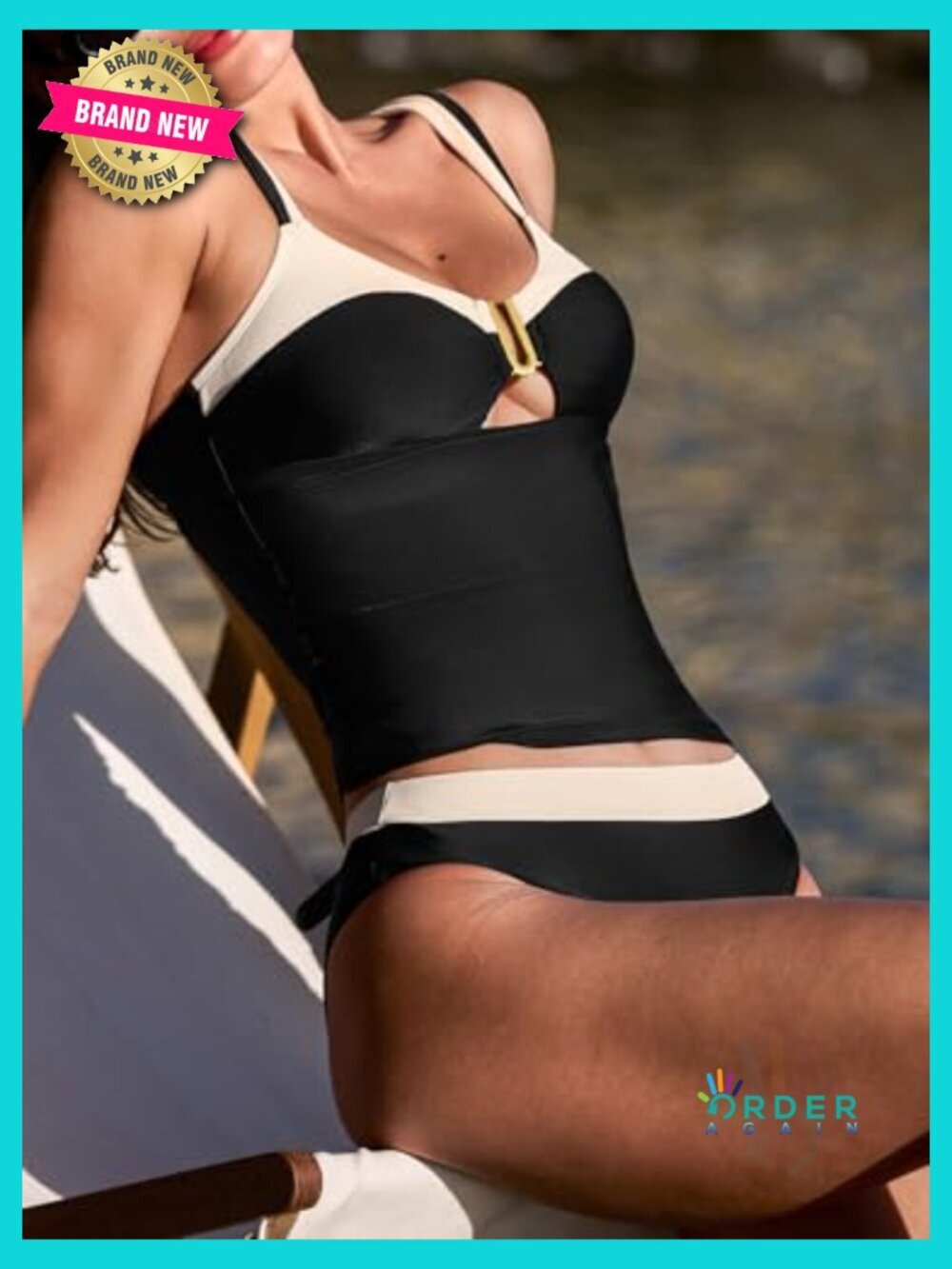 Cutout Tankini Set Scoop Neck U Wire Tummy Control Back Hook Adjustable Straps - Picture 5 of 6
